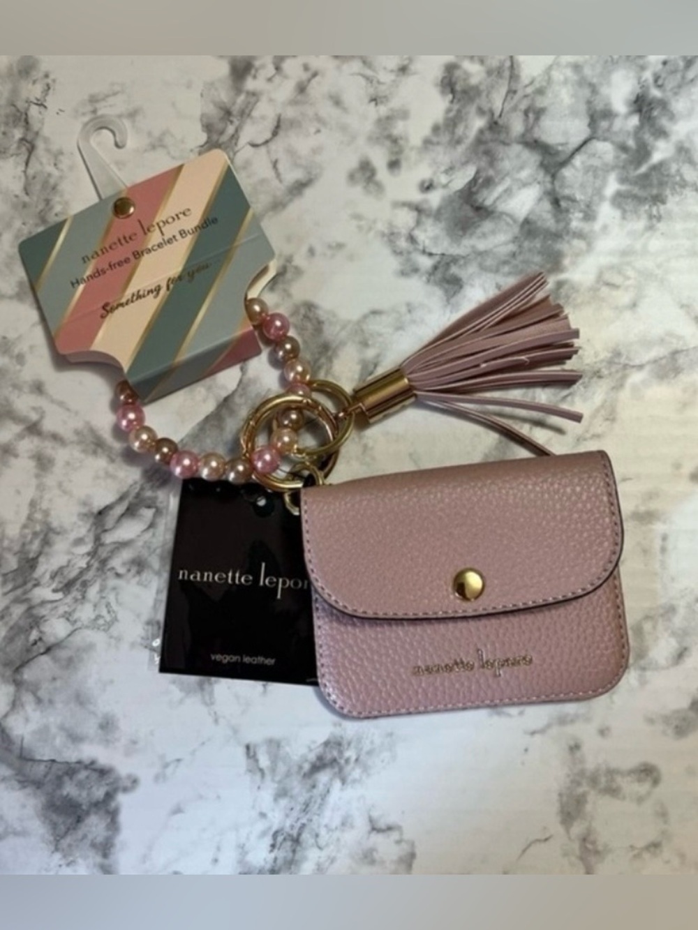Nanette Lepore Blush Pink Tassel Wristlet Card Holder with Pearl Bracelet